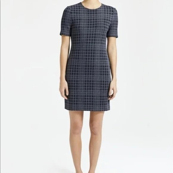 Theory Rijik Black Plaid Short Sleeve Structured Knit Shift Dress size 0 - Picture 1 of 11